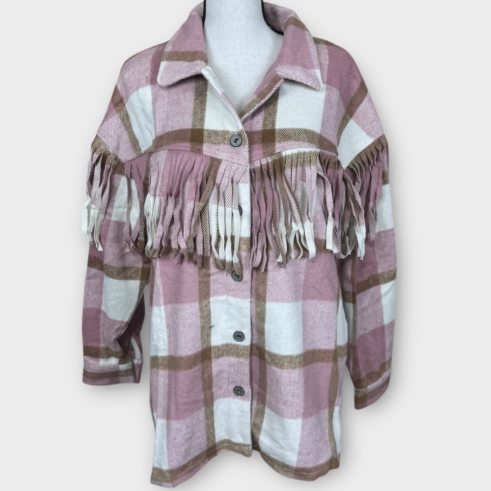 UMGEE Plaid Flannel Western Shirt Jacket Women's‎ Small Pink Brown White Fringe